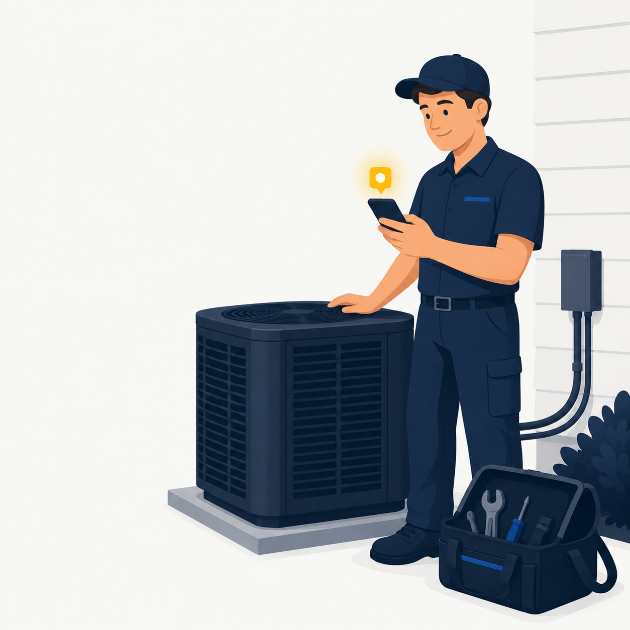 A tradesperson glancing at a phone showing a job confirmed notification while on the job.